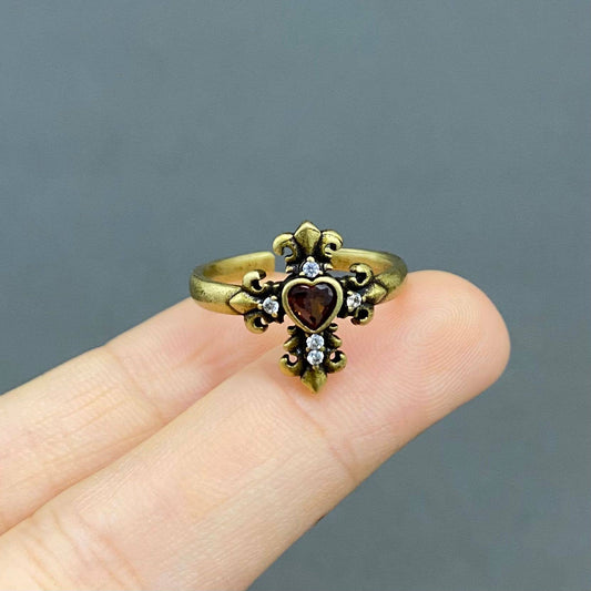 Vintage Red Rhinestone Heart Cross Bronze Adjustable Ring