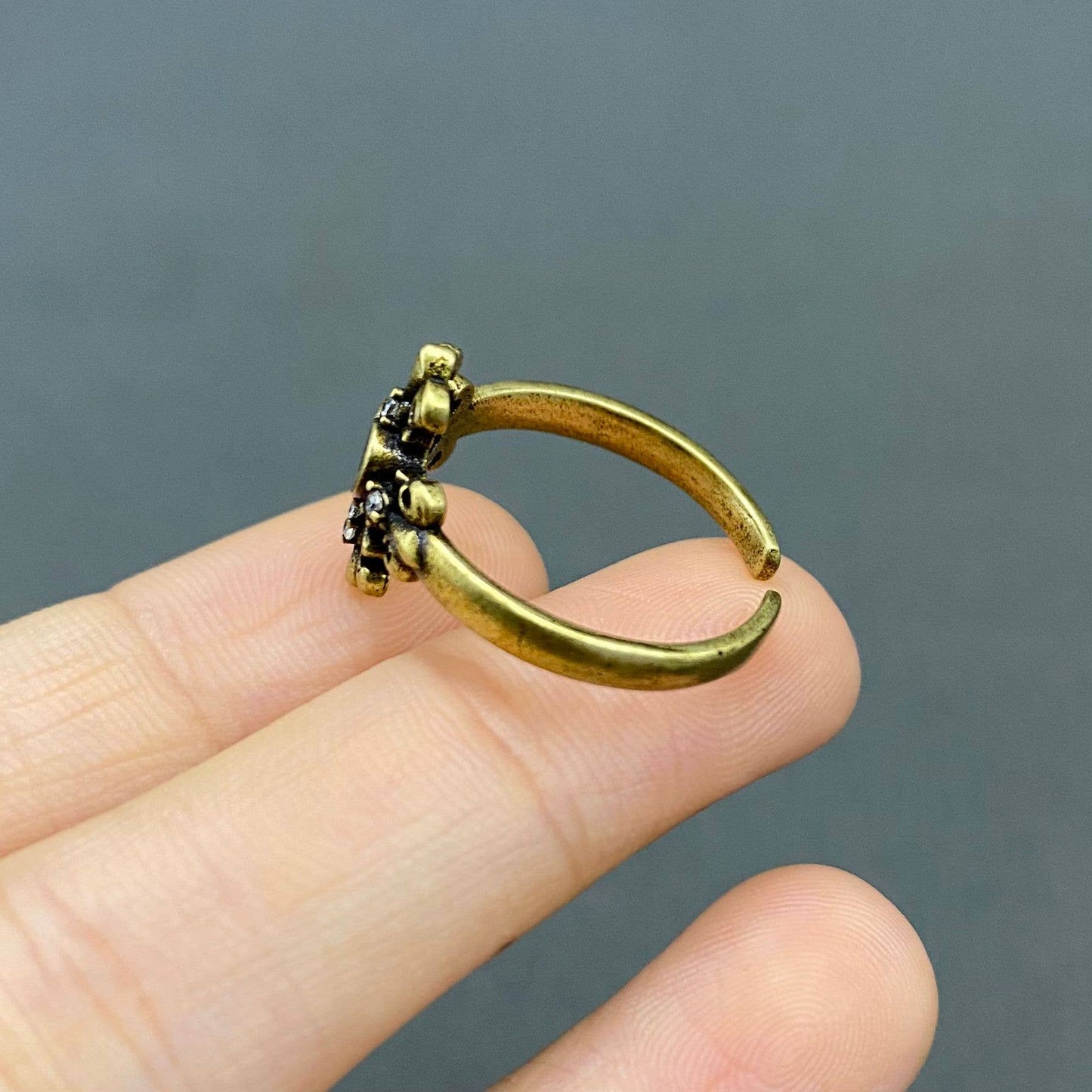 Vintage Red Rhinestone Heart Cross Bronze Adjustable Ring