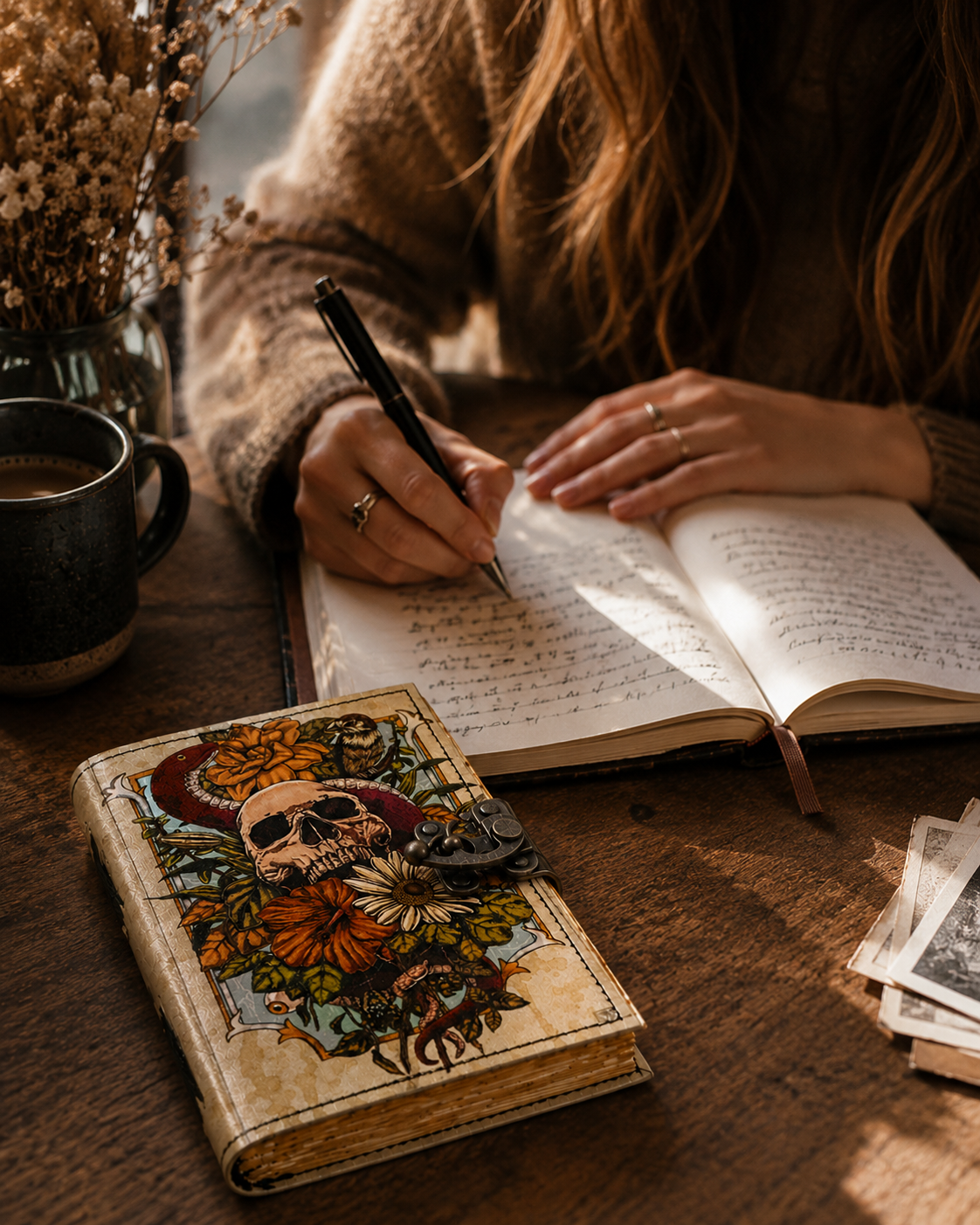 Skull Floral Rustic Leather Journal Spell Book for Gift Shop