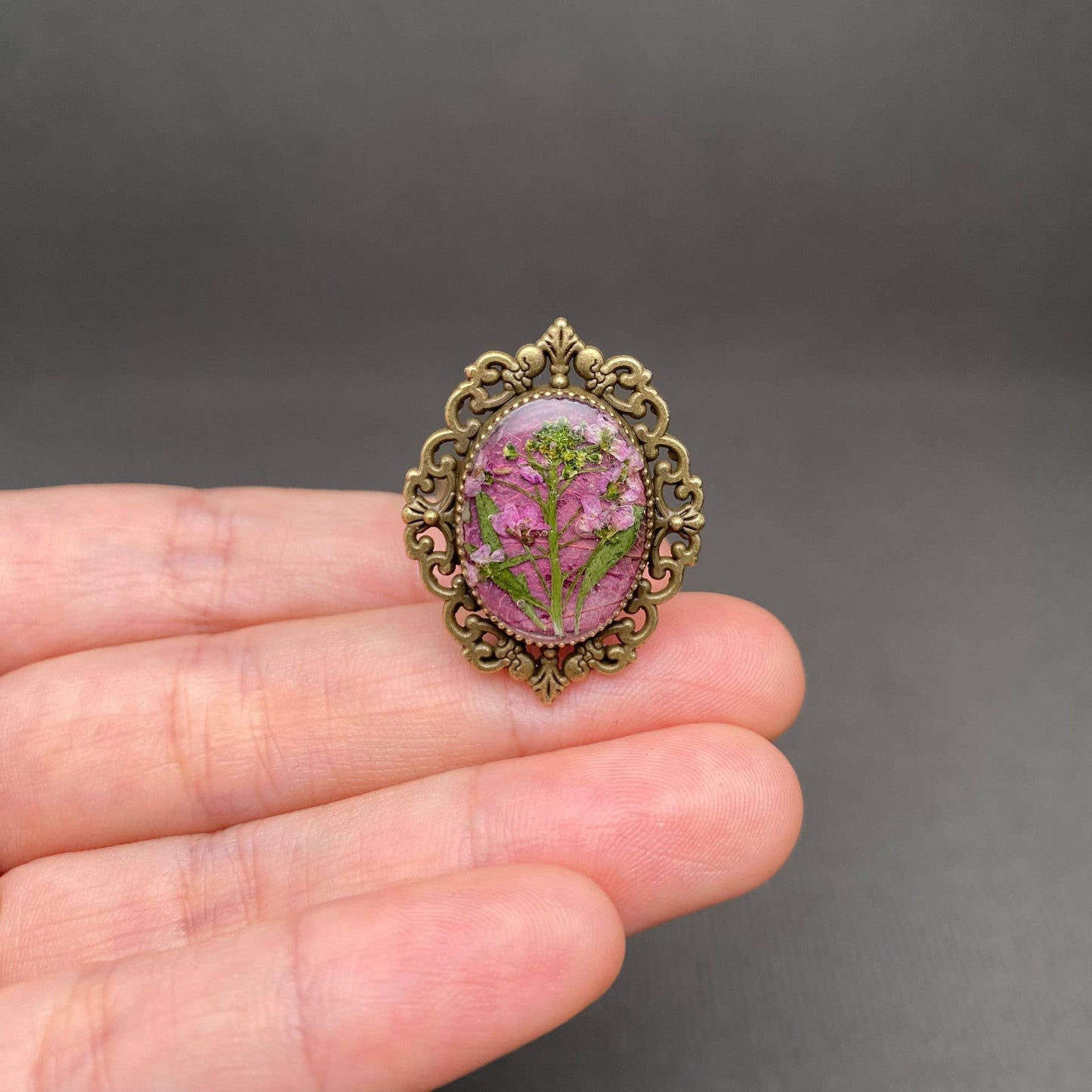 Vintage Dried Flowers Adjustable Ring
