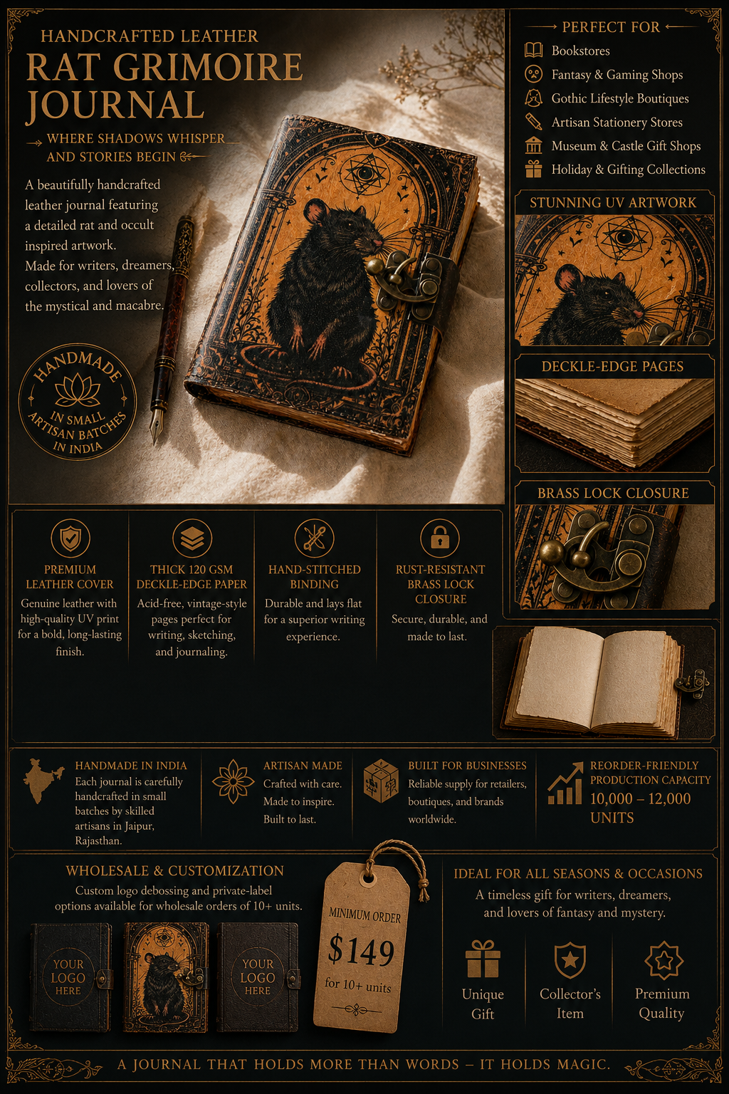 Black Rat Grimoire Leather Journal with Brass Lock