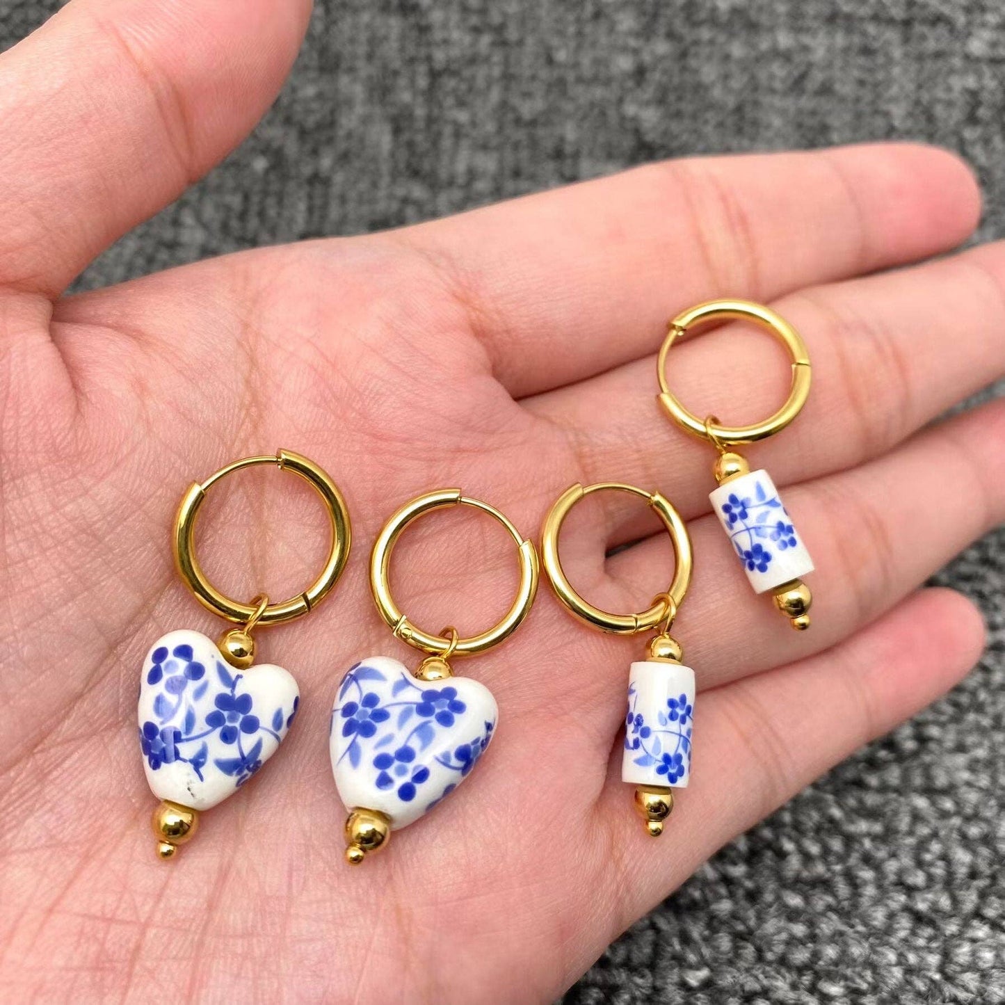 Blue and White Porcelain 18K Golden SS Huugie Earrings - FGS: A