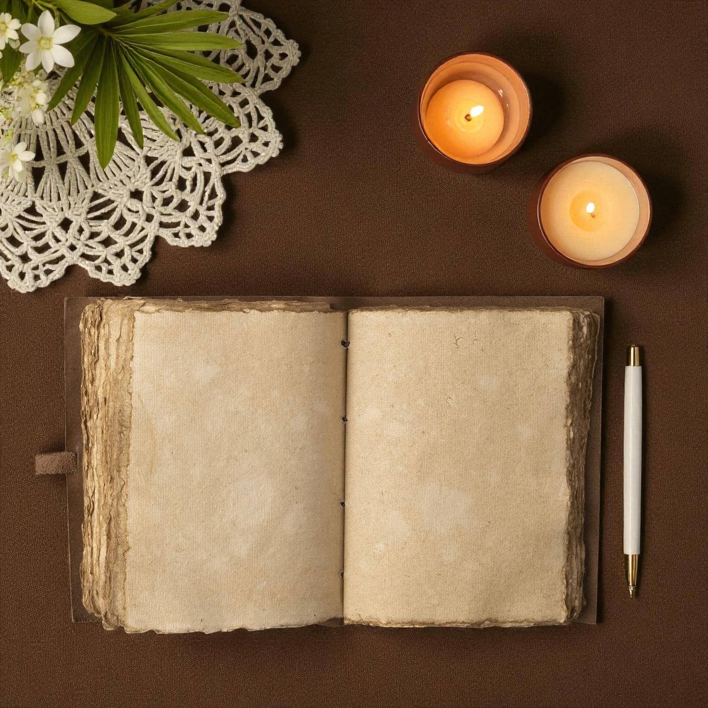 Buff-brown leather journal with a sun motif 7x5 inches