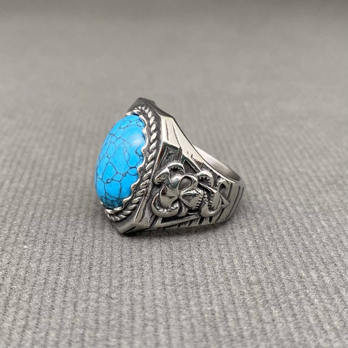 Turquoise Inlaid Skull Men's Stainless Steel Ring - MJ/MR