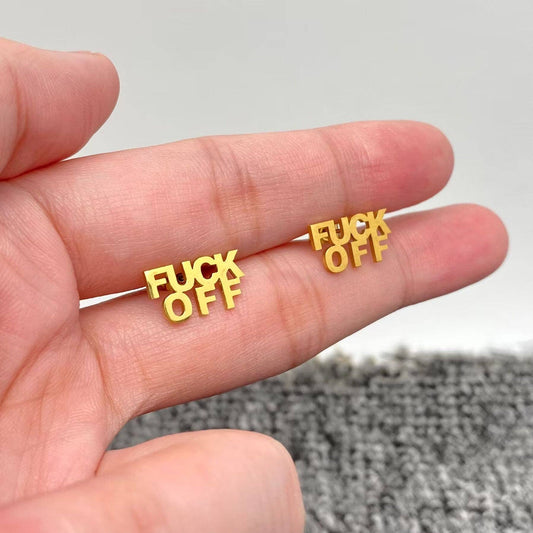 'FUCK OFF' Stainless Steel Ear Studs: Golden
