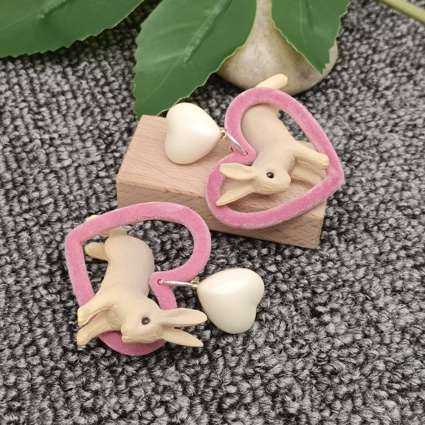 YK - Resin Rabbit Plush Heart Charm Dangle Earrings: 925 silver post