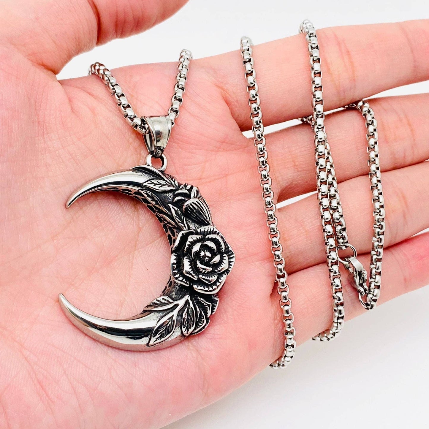 Rose Crescent Moon Charm Stainless Steel Necklace -MJ/MNP/MS: Pendant + chain