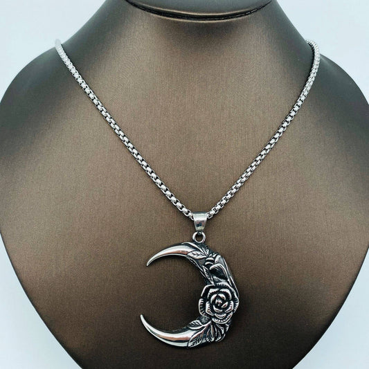 Rose Crescent Moon Charm Stainless Steel Necklace -MJ/MNP/MS: Pendant + chain