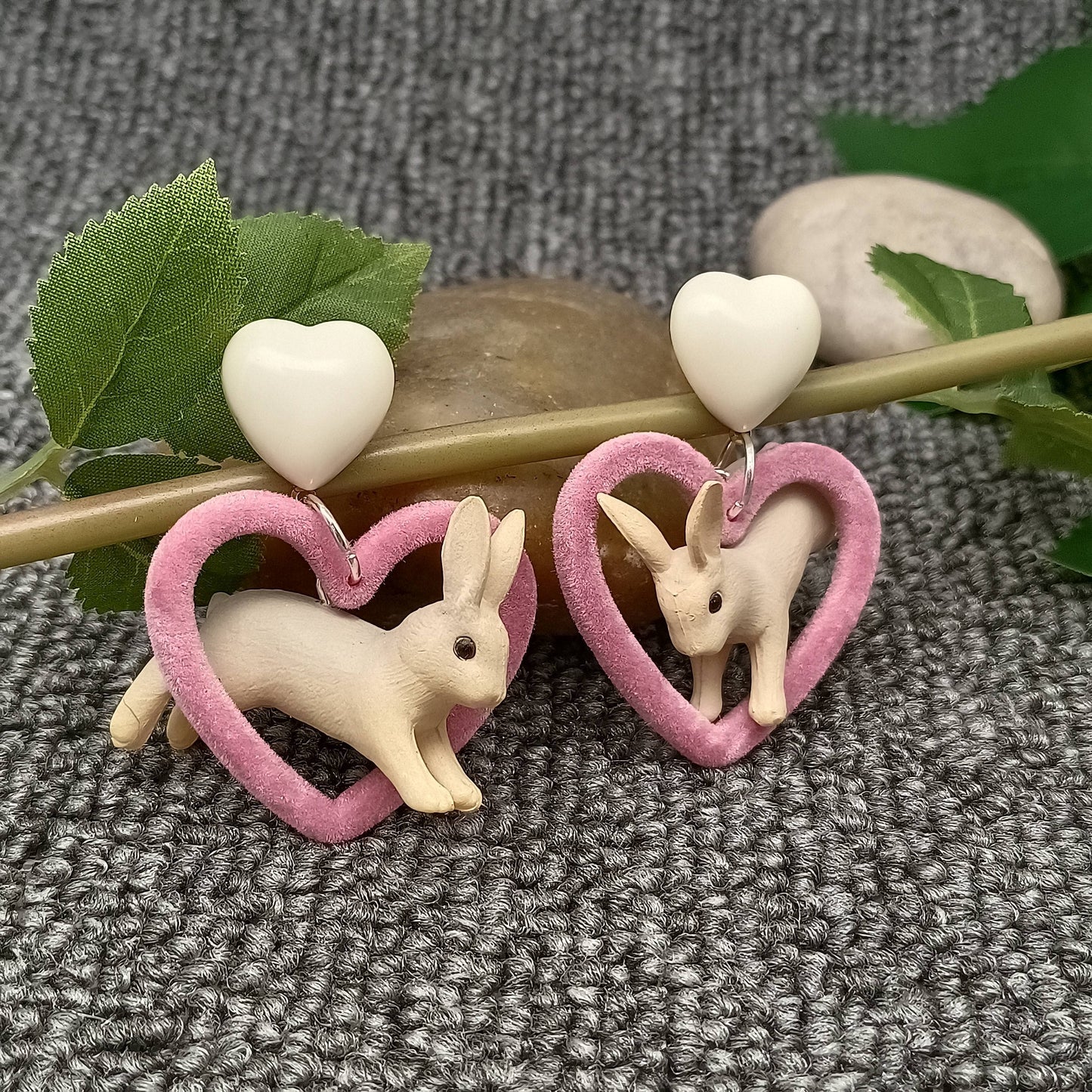 YK - Resin Rabbit Plush Heart Charm Dangle Earrings: 925 silver post