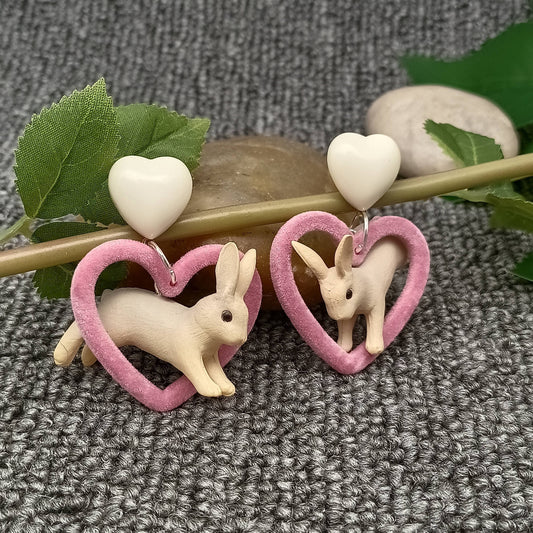 YK - Resin Rabbit Plush Heart Charm Dangle Earrings: 925 silver post