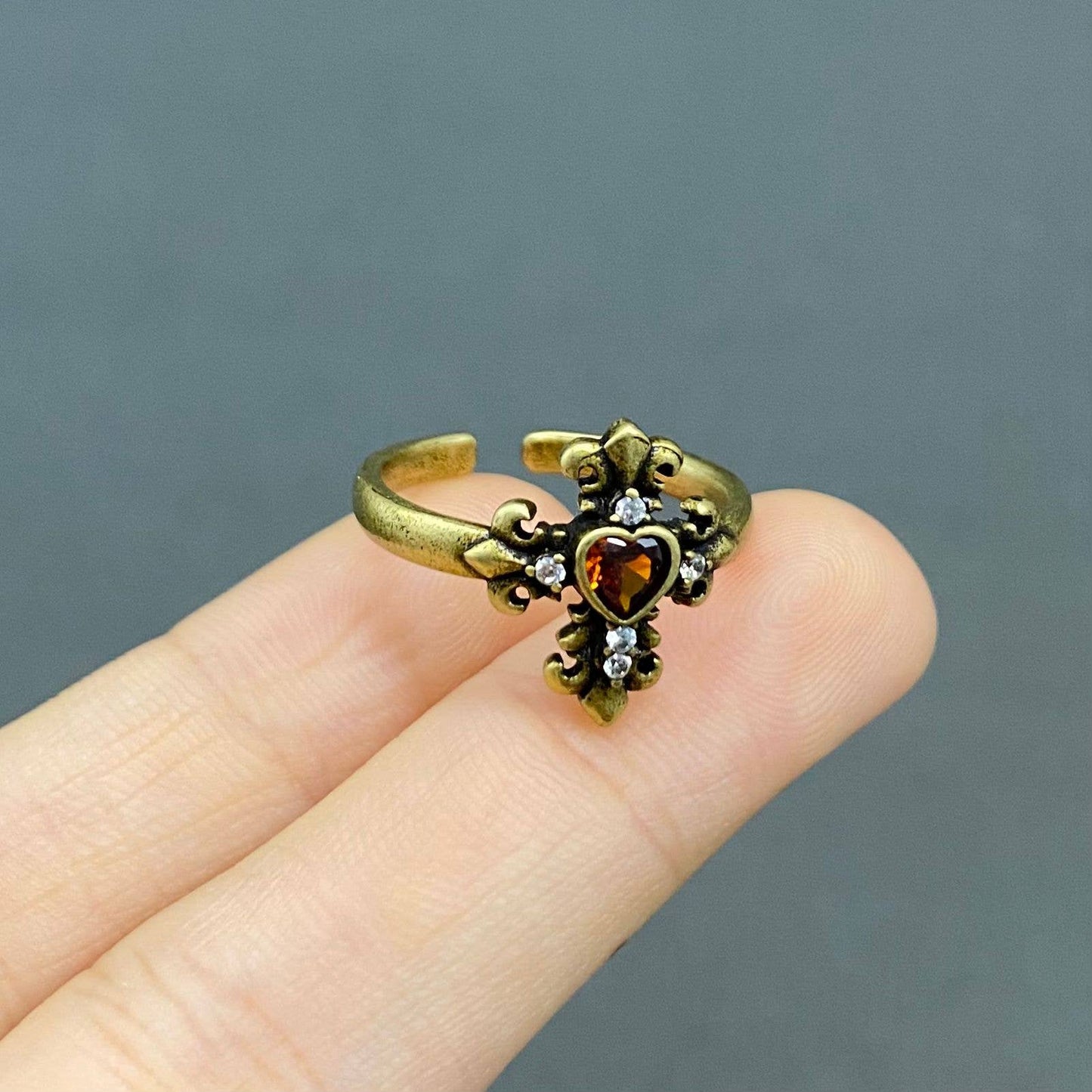 Vintage Red Rhinestone Heart Cross Bronze Adjustable Ring