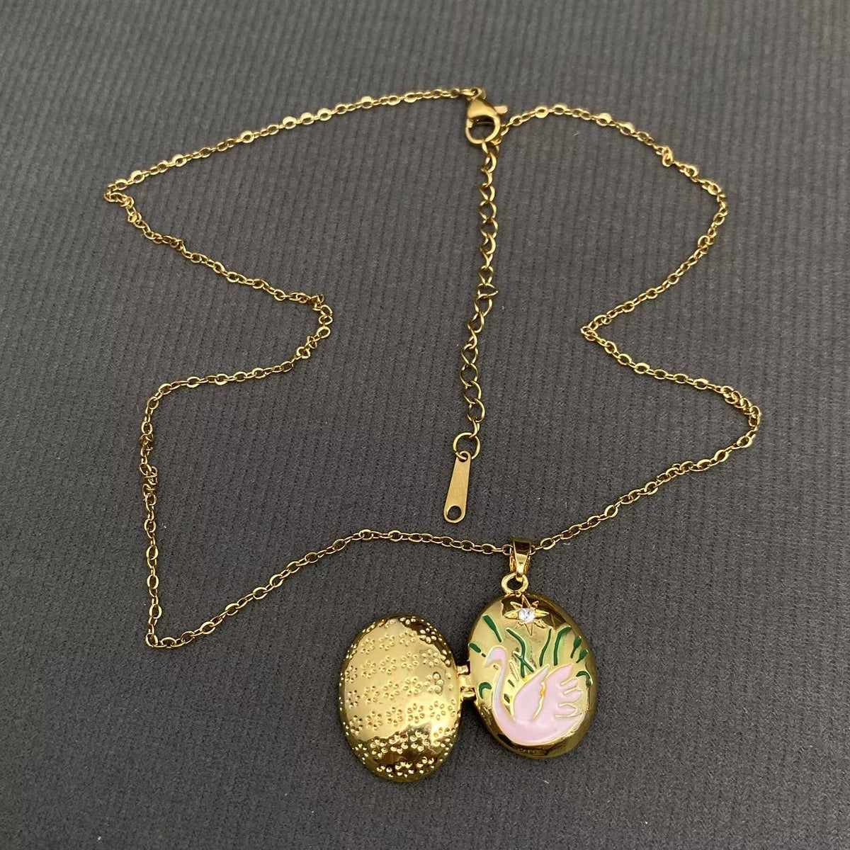 Enamel Swan Locket Charm 18K Gold Plated Necklace