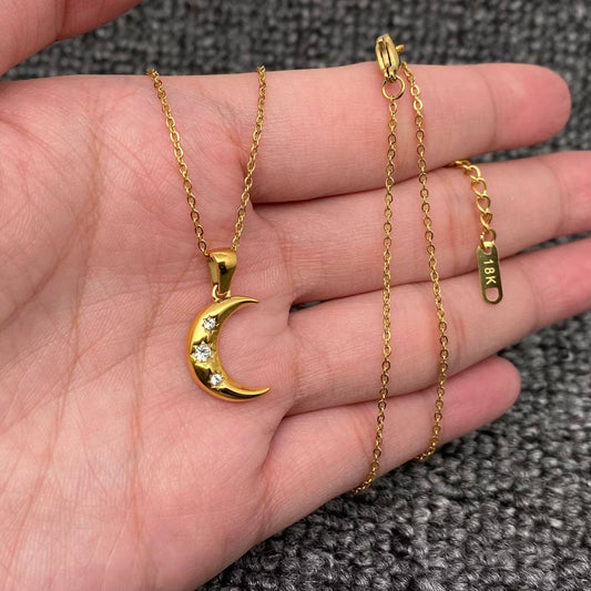 Inlaid CZ Moon Charm 18K Golden S.Steel Necklace - FGS/MS