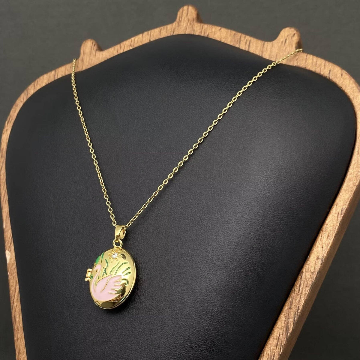Enamel Swan Locket Charm 18K Gold Plated Necklace