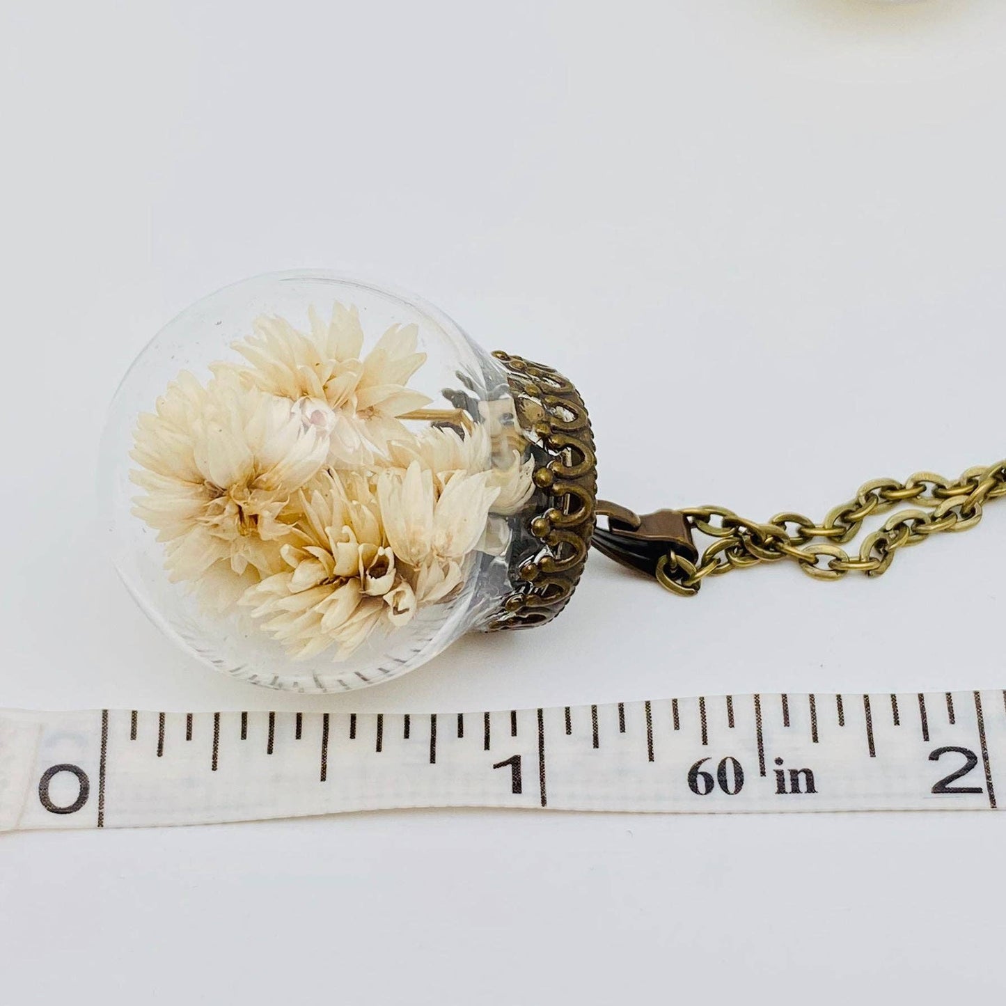 Dried Flowers Floral Ball-shaped Charm Pendant Necklace -PDF: Chrysanthemum parthenium