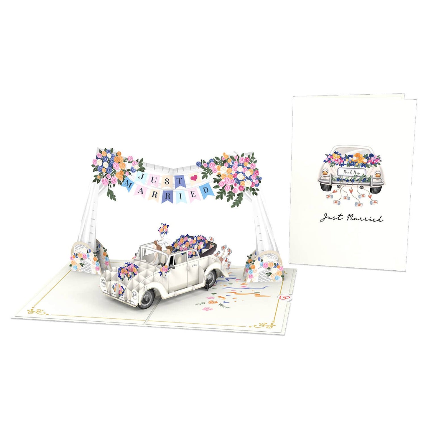 Wedding car with "Just Married" garland pop-up card