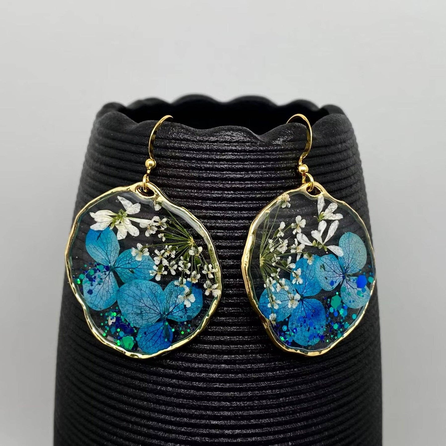 Blue Hydrangea White Queen Anne's Lace Dangle Earrings - PDF