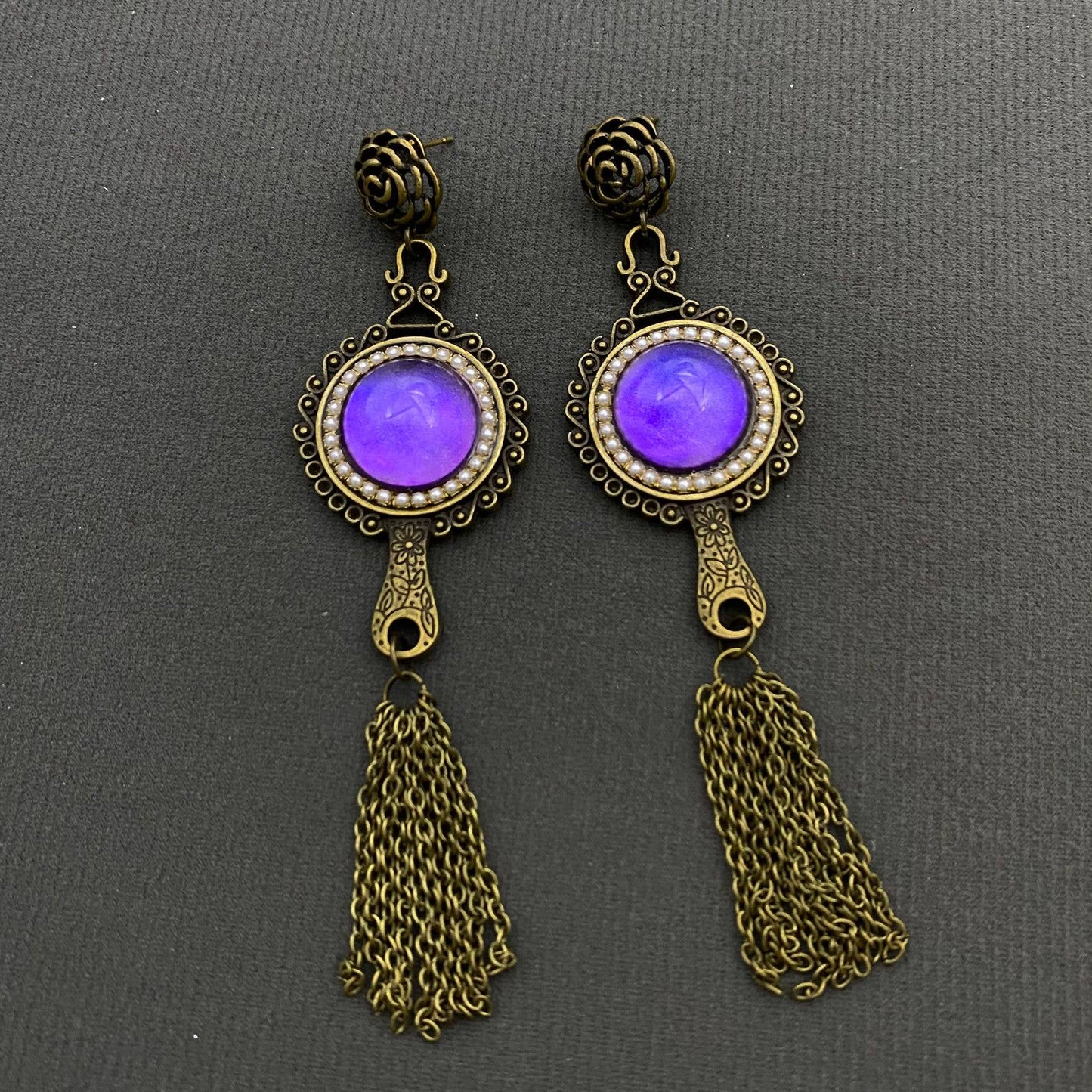Vintage Chain Fringe Purple Glazed Mirror Dangle Earrings