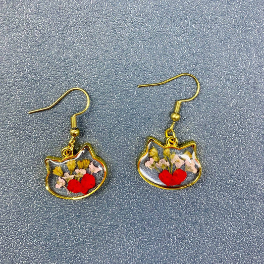 Floral Cat Head Pressed Dried Flowers Dangle Earrings - PDF: B