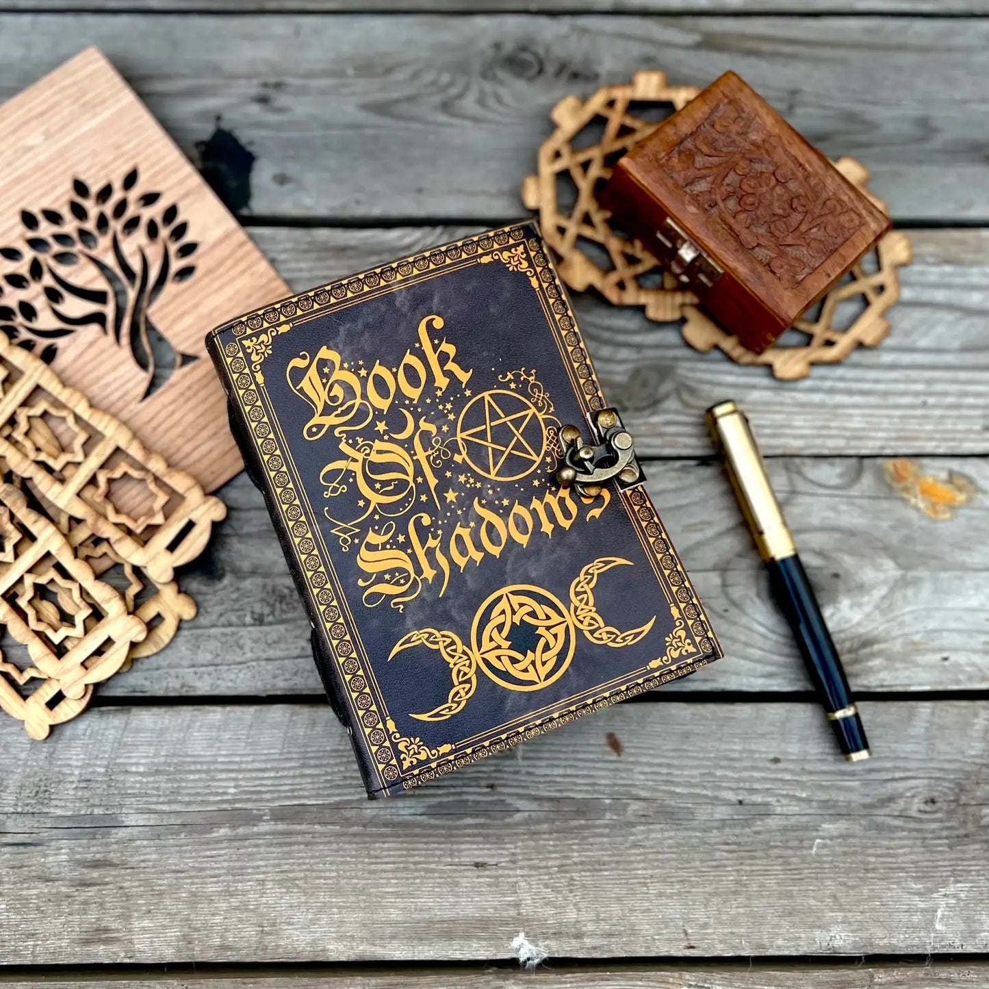 Leather Journal Vintage Notebook with Book of Shadow Print 