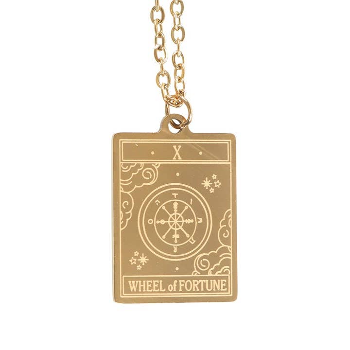 The Wheel of Fortune Vintage Tarot Card Necklace on Greeting Card