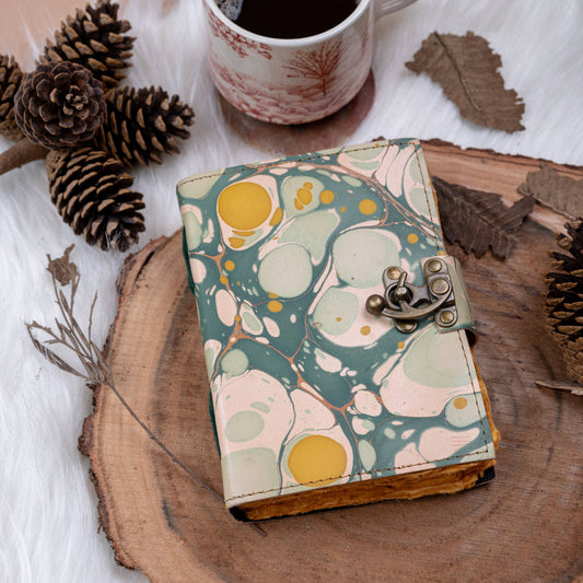 Vintage Leather Journal Notebook with Hand Marble Print