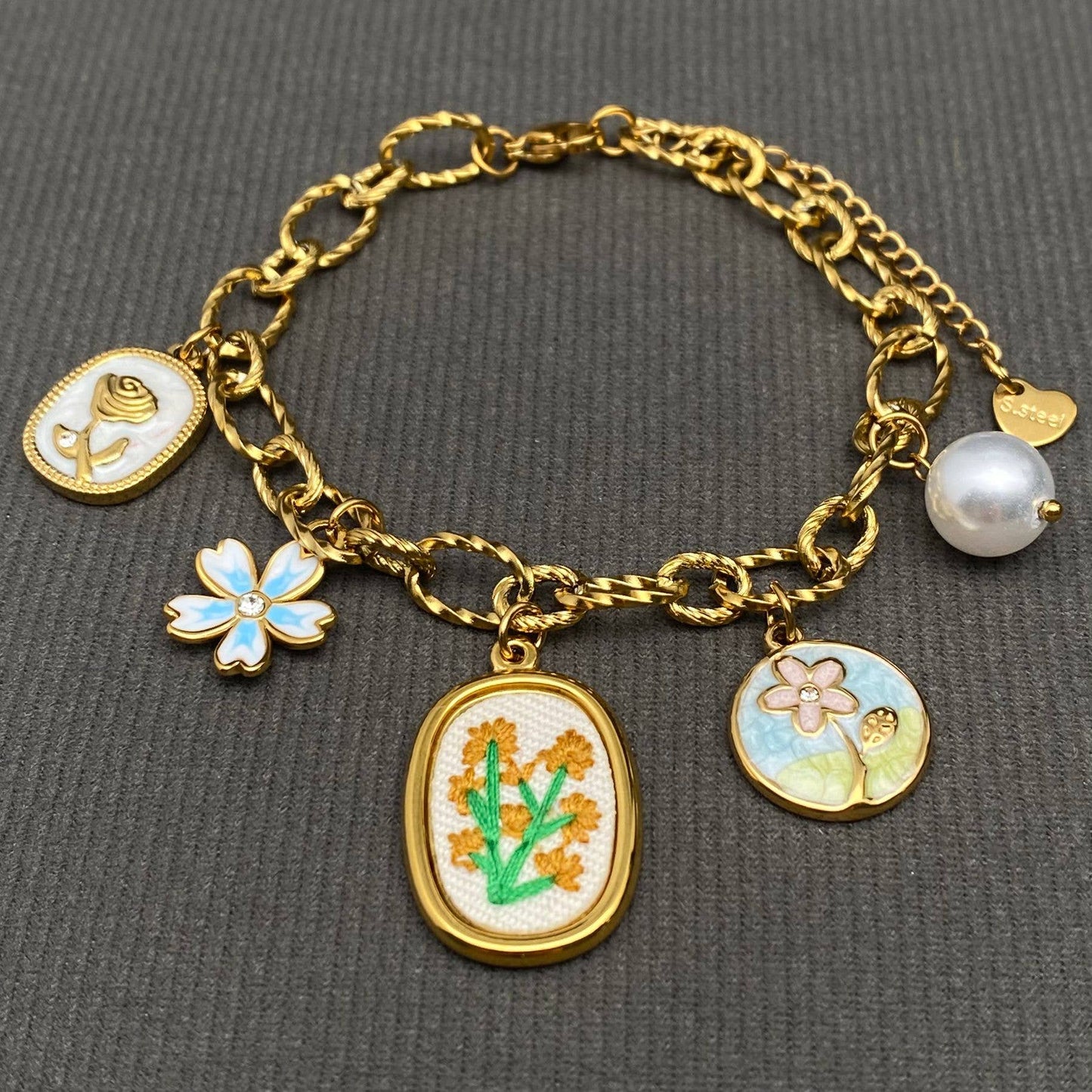 Embroided Flower Charm 18K Gold Plated Stainless Steel Bracelet