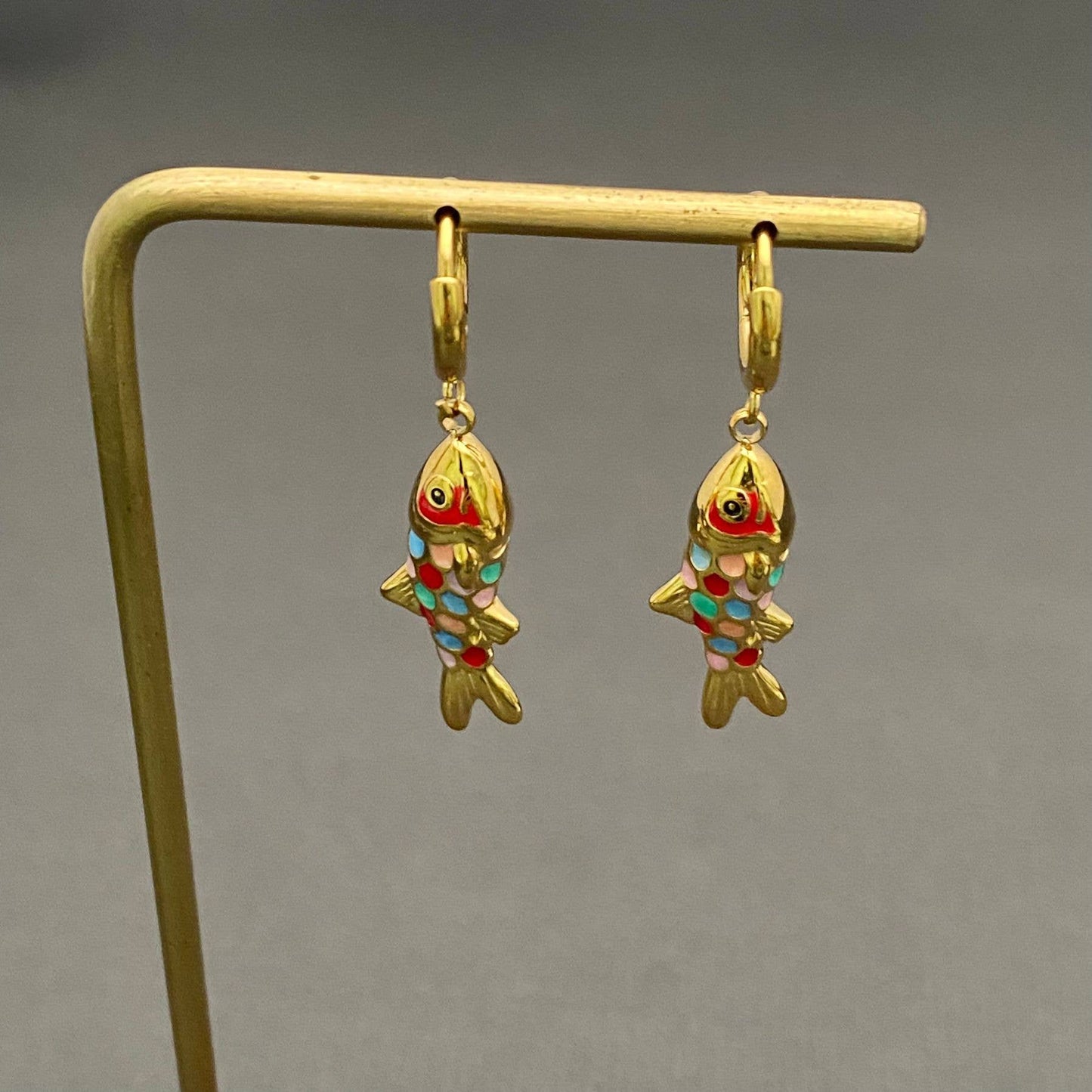 Colored Enamel Fish 18K Golden S.Steel Huggie Earrings - FGS