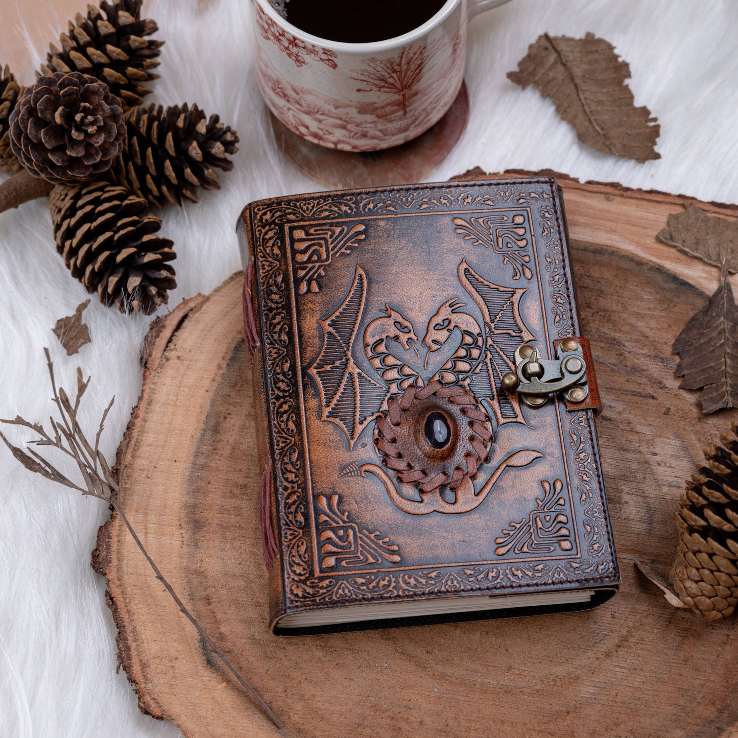 Leather Notebook with Stone Dragon Embossed Travel Journal 
