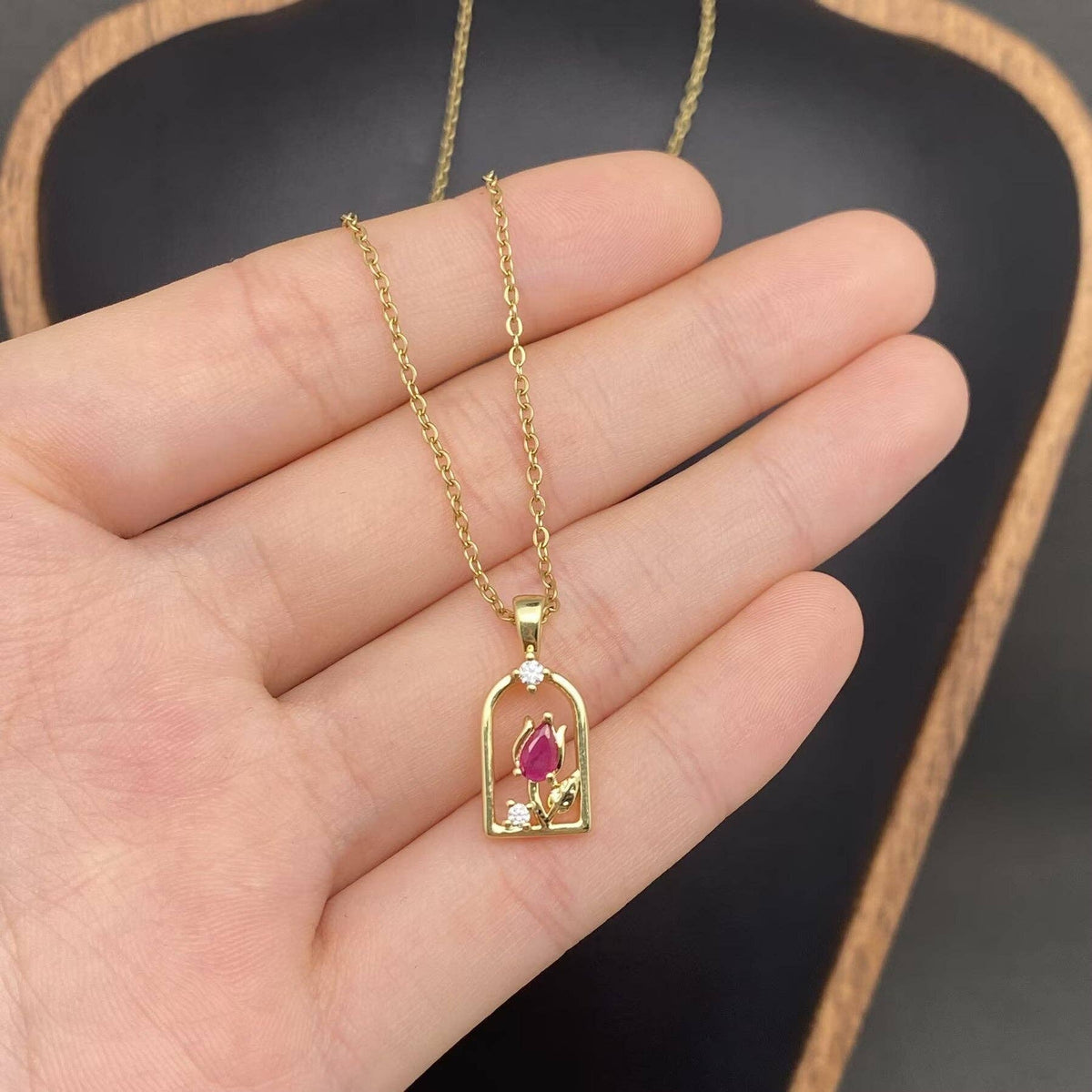 Zircon Inlaid Flower Charm Copper Necklace