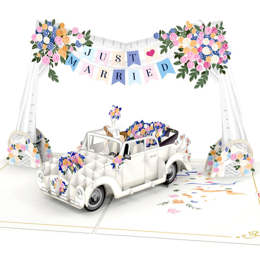 Wedding car with "Just Married" garland pop-up card