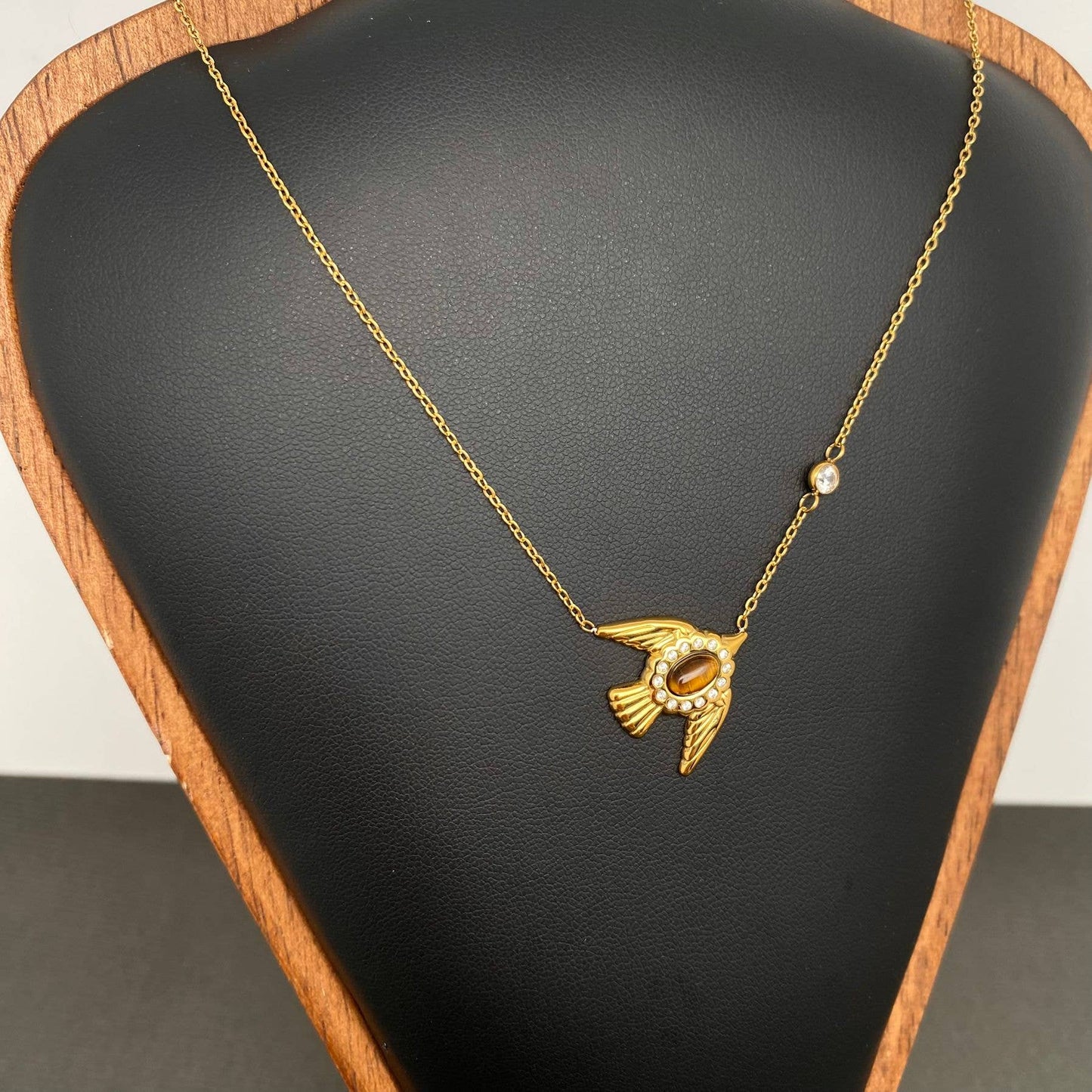Stone Inlaid Bird 18K Gold Plated SS Charm Necklace - FGS