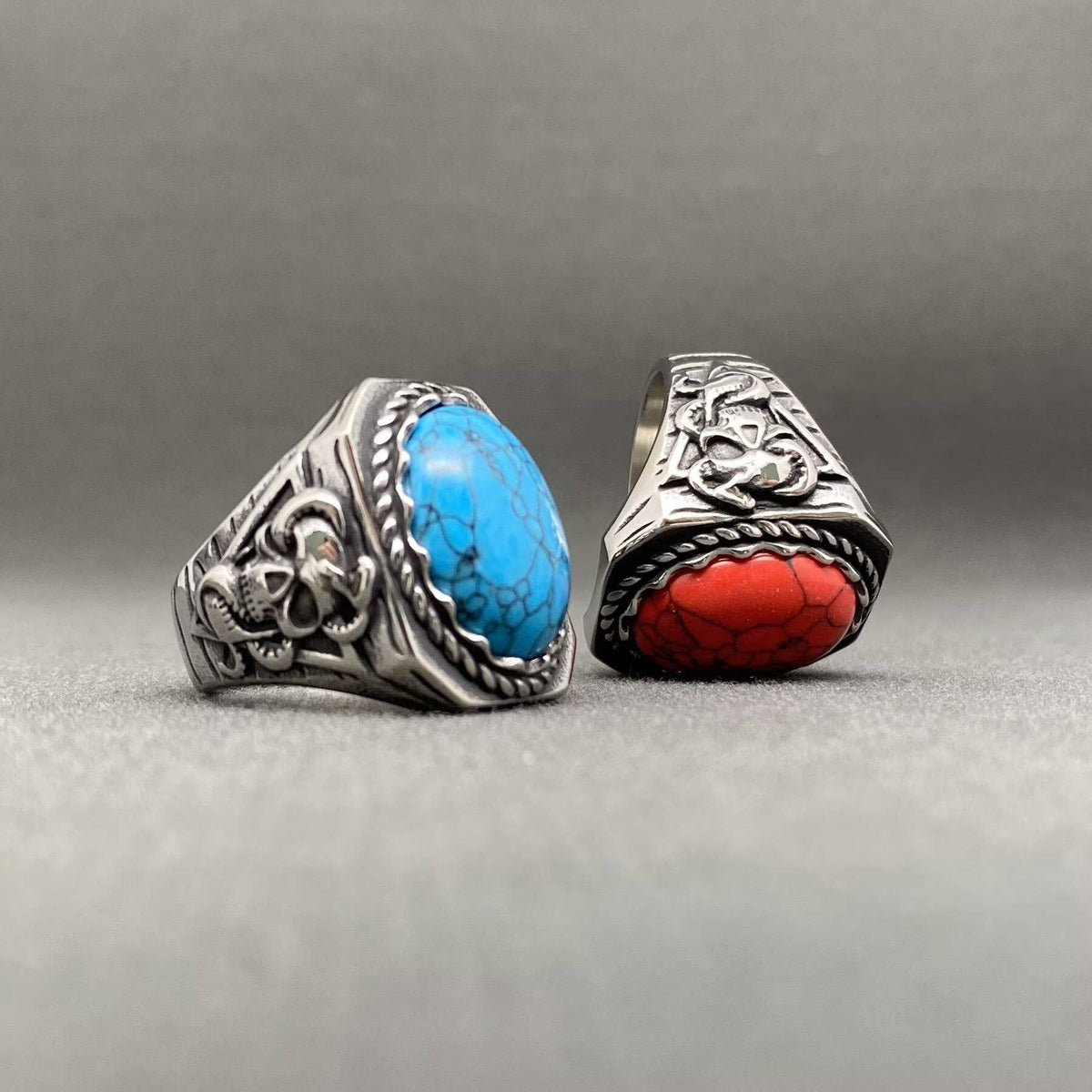 Turquoise Inlaid Skull Men's Stainless Steel Ring - MJ/MR
