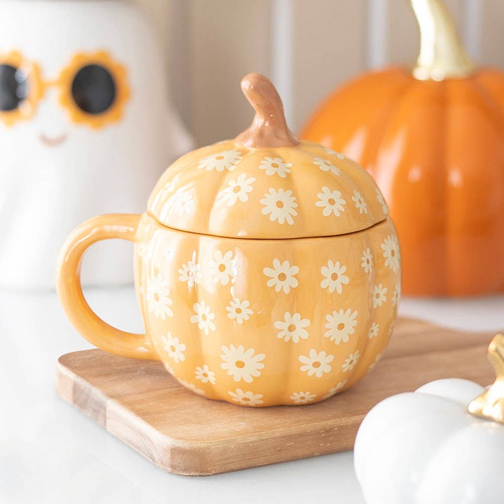 Groovy Floral Pumpkin Shaped Lidded Mug