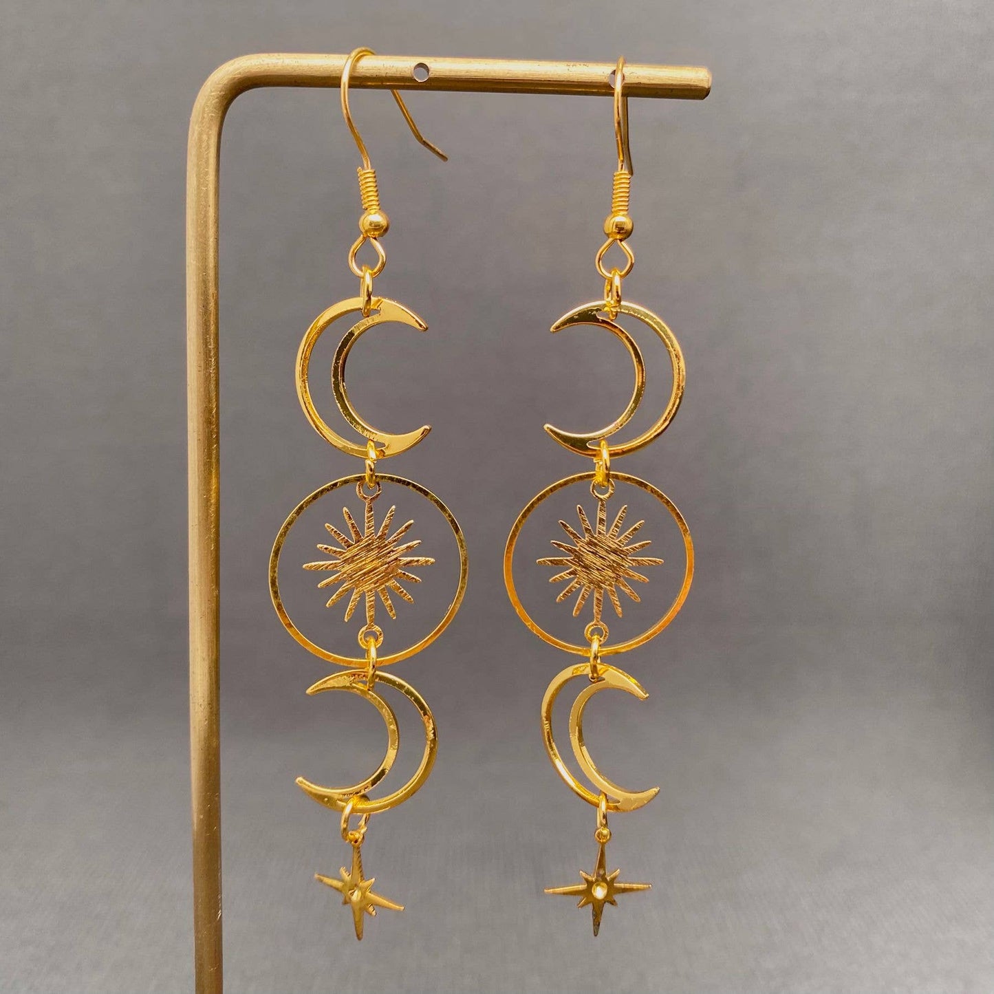 Golden Hollow Moon Star Dangle Earrings