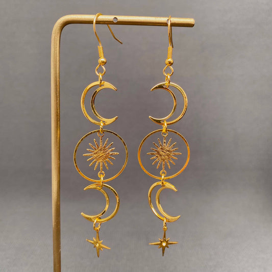 Golden Hollow Moon Star Dangle Earrings