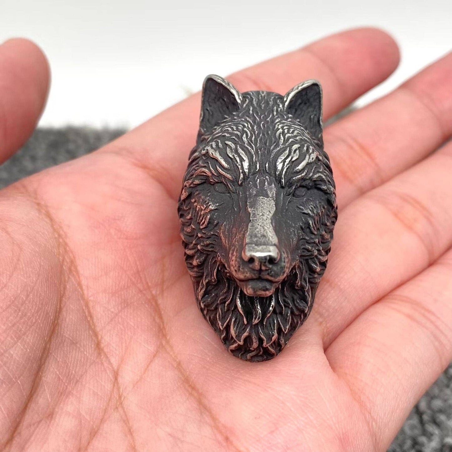 Wolf Head Smear Blackening Stainless Steel Ring - MJ/MR