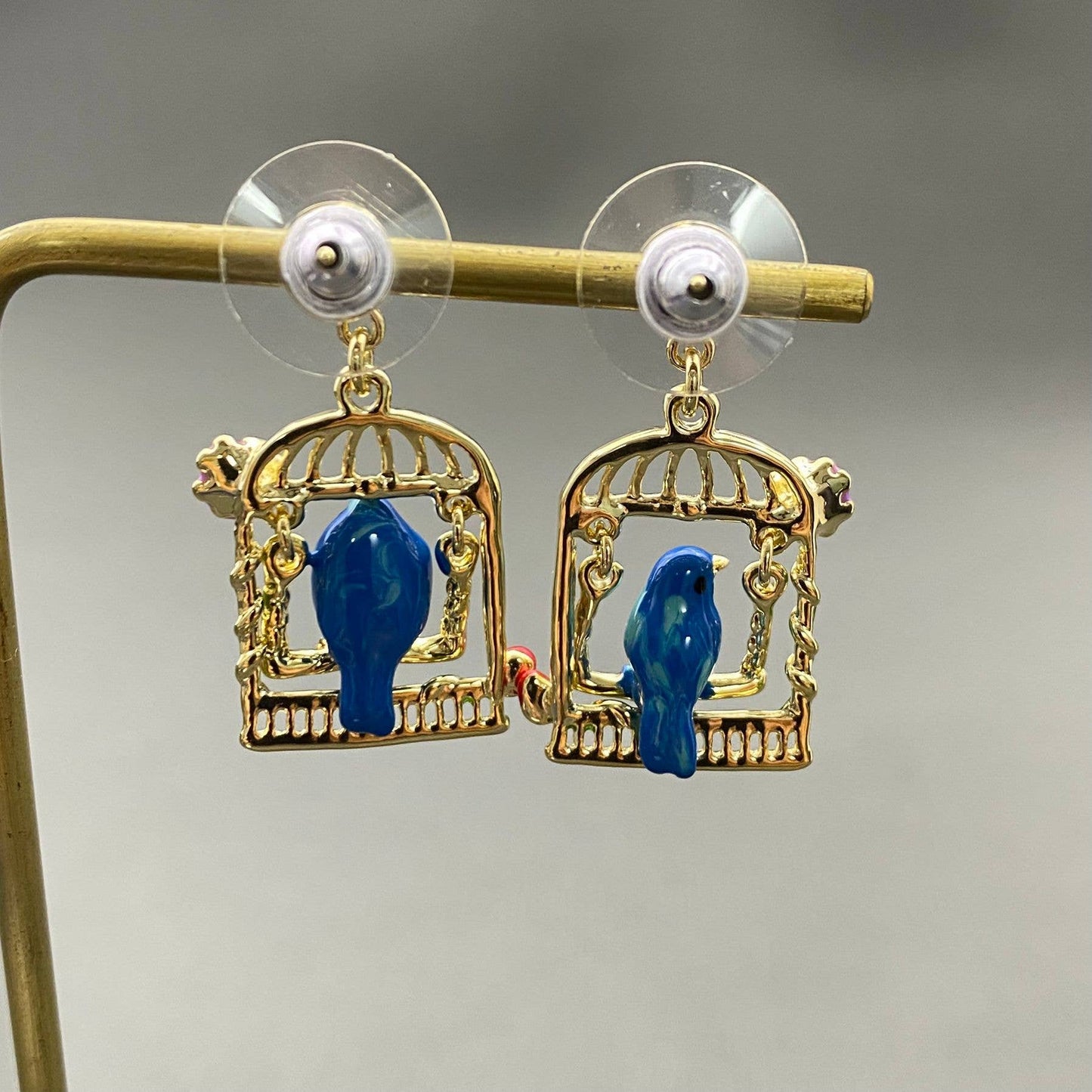 Rhinestone & Pearl Inlaid Enamel Bird In Cage Dangle Earrings
