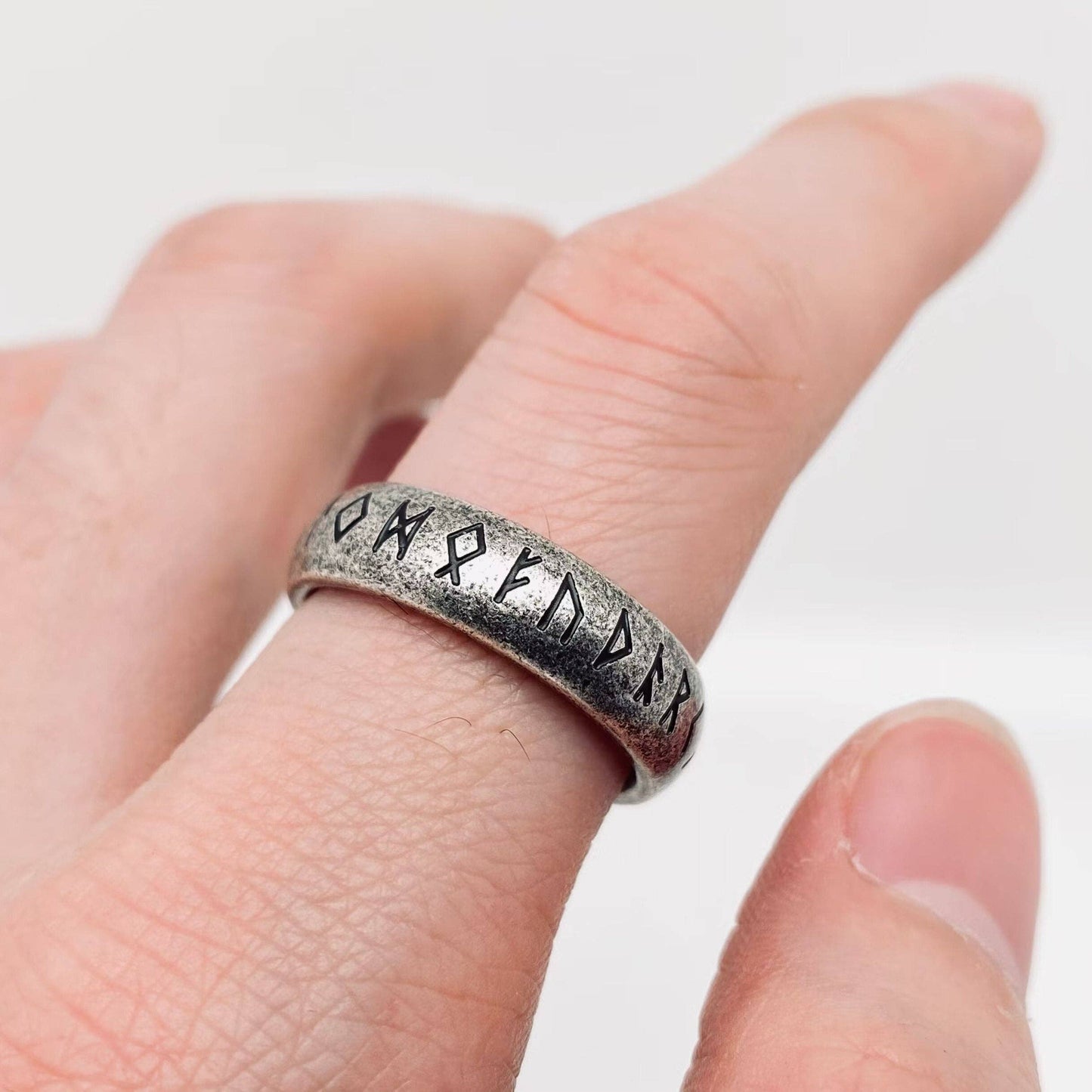 Vintage Viking Text Luen Rune Titanium Steel Ring - MJ/MR: Ancient silver / 11