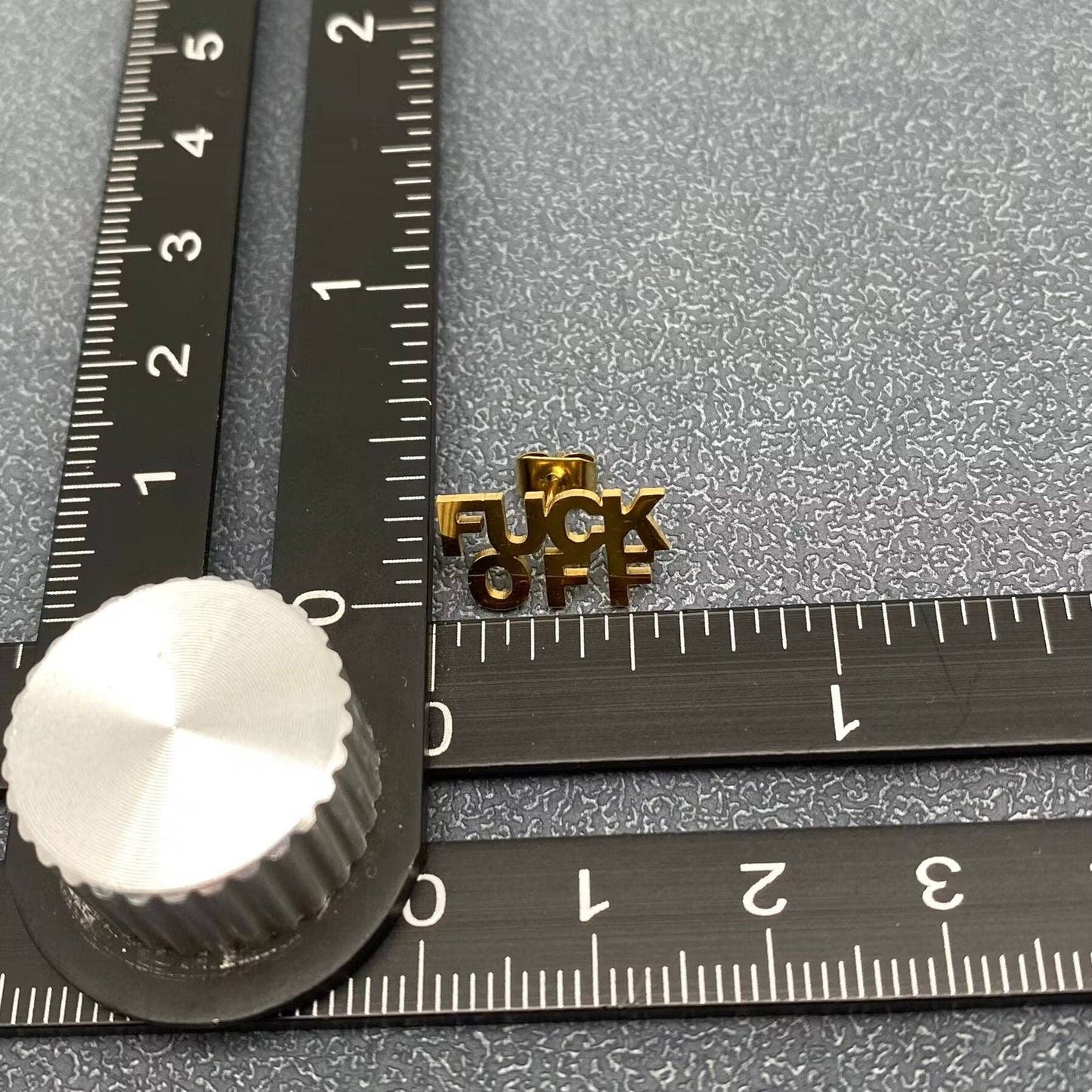 'FUCK OFF' Stainless Steel Ear Studs: Golden