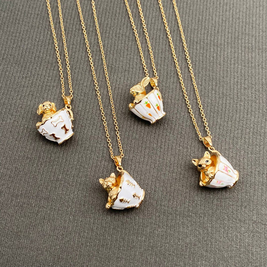 Various Styles of Small Animals In A Teacup Charm Necklace