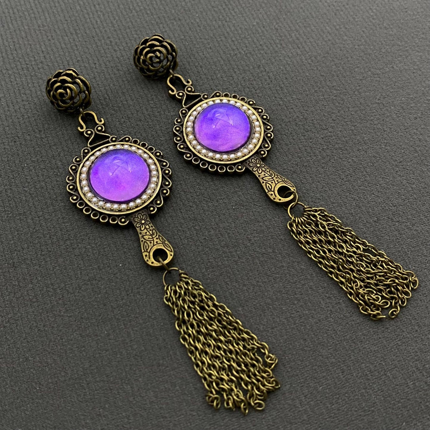 Vintage Chain Fringe Purple Glazed Mirror Dangle Earrings