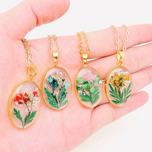 Pressed Dried Flowers Oval Pendant Necklace - PDF