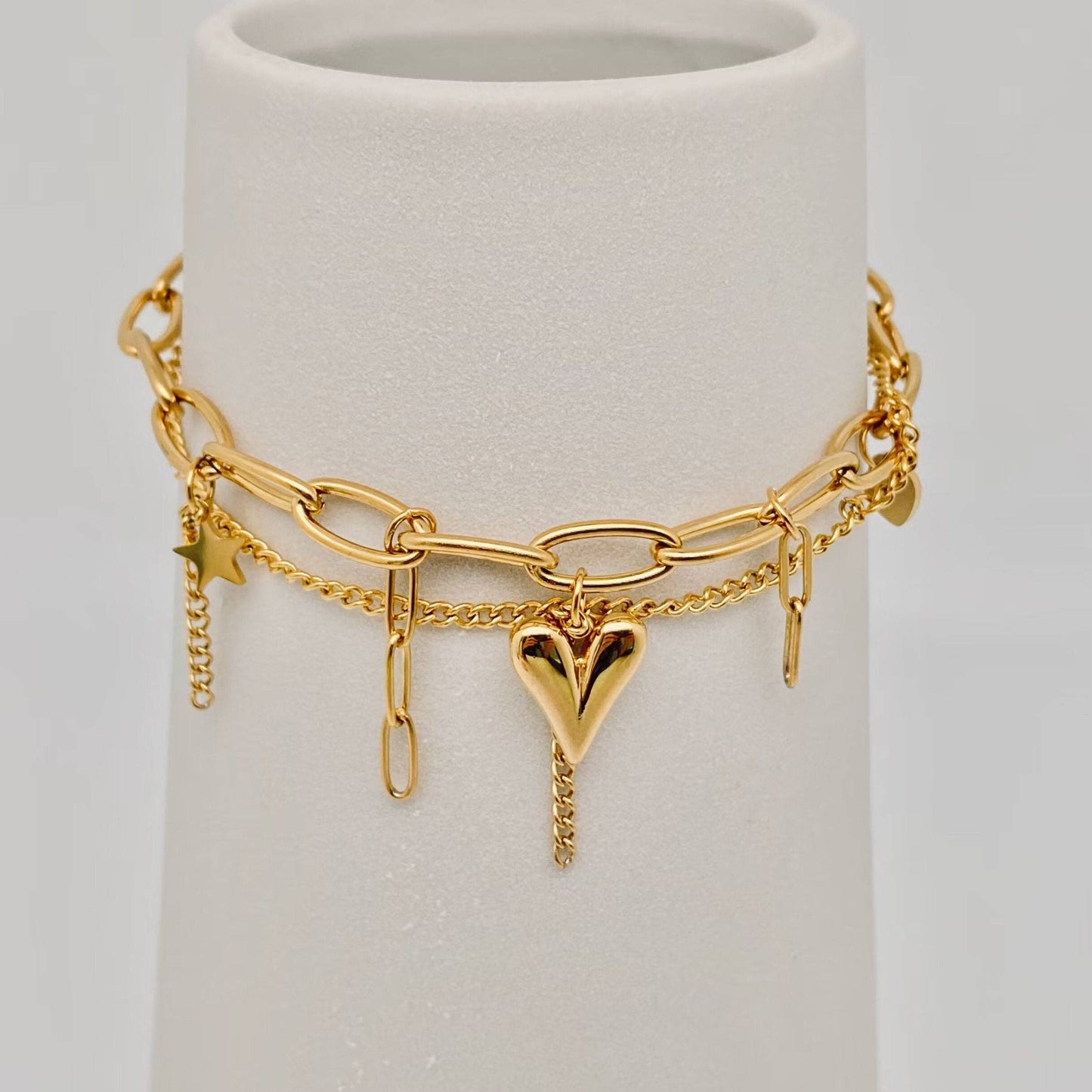 Stern-Herz-Anhänger 18K vergoldetes Doppelkettenarmband