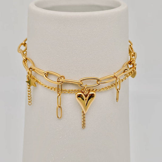 Stern-Herz-Anhänger 18K vergoldetes Doppelkettenarmband