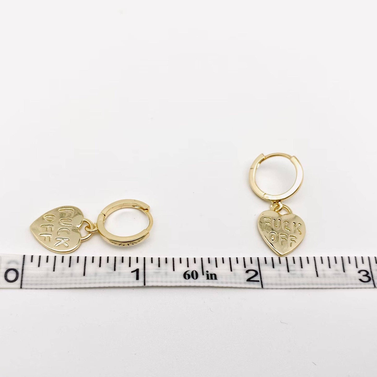 "Fuck off" Heart-shaped Gold Plated Huggie Earrings: Golden