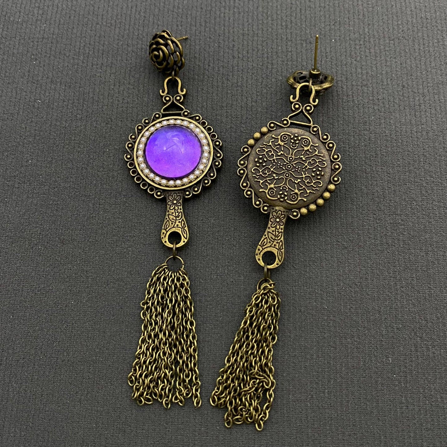 Vintage Chain Fringe Purple Glazed Mirror Dangle Earrings