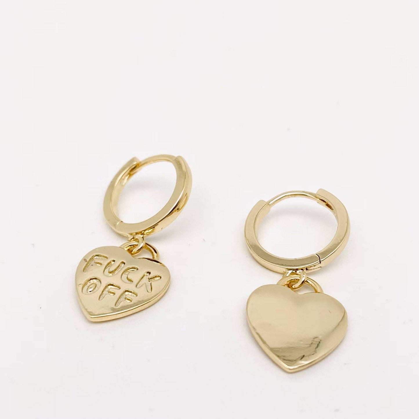 "Fuck off" Heart-shaped Gold Plated Huggie Earrings: Silver