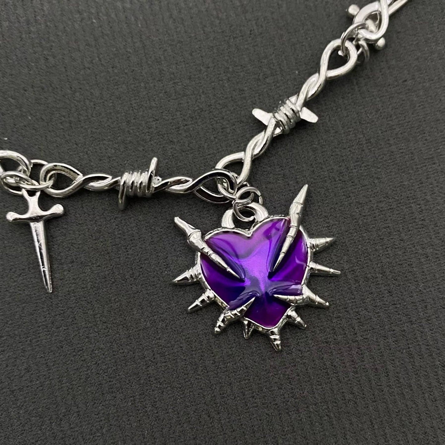 Gothic Purple Thorns Heart Dagger Charm Necklace