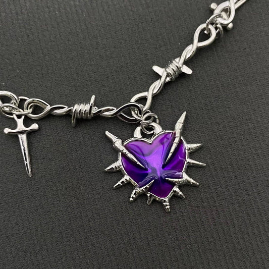 Gothic Purple Thorns Heart Dagger Charm Necklace